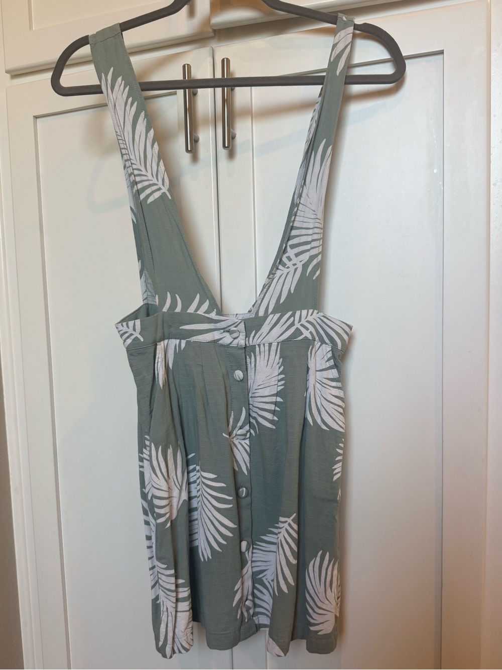 Sage Green Palm-Print Mini Dress with Button Front